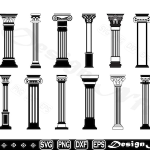 Puede incluir: Un conjunto de 12 imágenes en silueta en blanco y negro de diferentes estilos de columnas. Las columnas están todas en orientación vertical y tienen todas la misma altura. Las imágenes son perfectas para usar en proyectos de diseño, manualidades o como clipart.