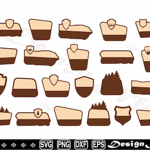 May include: A collection of vector graphics featuring various shapes and designs. The designs include shields, mountain silhouettes, and stylized landscape elements in shades of brown and beige. The bottom of the image displays file type icons.