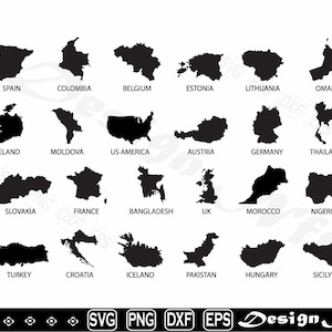 Könnte beinhalten: Schwarze Silhouette-Umrisse verschiedener Länder, darunter Spanien, Kolumbien, Belgien, Estland, Litauen, Oman, Irland, Moldawien, USA, Österreich, Deutschland, Thailand, Slowakei, Frankreich, Bangladesch, Großbritannien, Marokko, Nigeria, Türkei, Kroatien, Island, Pakistan, Ungarn und Sizilien.