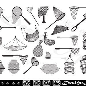 May include: A set of 20 black and white vector illustrations of different types of fishing nets. The nets are in various shapes and sizes, including round, square, rectangular, and triangular. Some nets have handles, while others do not. The nets are all outlined in black and have a white background.