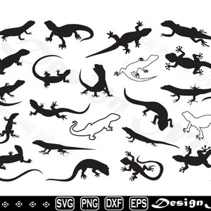 May include: A collection of black lizard silhouettes in various poses, including side profiles, crawling, and standing. Some lizards are solid black, while others are outlined in white. The image includes the text "SVG PNG DXF EPS Design Nft".