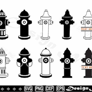 Puede incluir: Una colección de diseños de bocas de incendio en blanco y negro. La imagen incluye varios estilos de bocas de incendio, algunos con cuadros de texto, adecuados para proyectos de arte digital o manualidades. Los diseños están en formatos SVG, PNG, DXF y EPS.