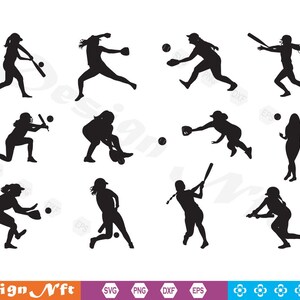 Peut inclure: Silhouettes de 10 joueuses de softball dans différentes poses, notamment frapper, lancer, attraper et courir. Les joueuses portent toutes des uniformes et des casques.