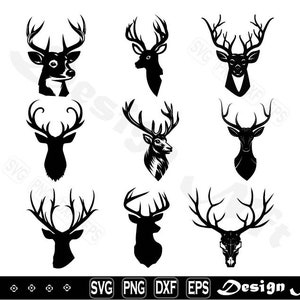 May include: Set of eight black and white silhouette images of deer heads with antlers. The deer are facing forward and have a simple, stylized design.
