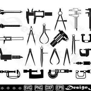 May include: A set of 16 black and white vector illustrations of measuring tools, including calipers, compasses, and dividers. The tools are all in a simple, flat style.
