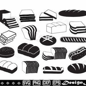 May include: A collection of black and white bread illustrations, including loaves, slices, and rolls. The image features various bread types, such as sliced bread, a hot dog, and a hamburger bun. The image also includes the text "SVG PNG DXF EPS Design Nft".