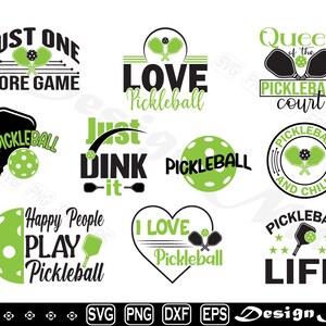 Peut inclure: Dix designs différents pour des fichiers SVG sur le thème du pickleball. Les designs présentent des raquettes de pickleball, des balles et du texte tel que "Just One More Game", "Love Pickleball", "Queen of the Pickleball Court", "Just Dink It", "Pickleball and Chill", "Happy People Play Pickleball", "I Love Pickleball", et "Pickleball Life".