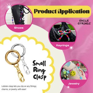 May include: An image showcasing product applications with the text "Product Application." It features examples of how to use small ring clasps for shoes, keyrings, and jewelry. The text "SMILE STRINGZ" is also visible.