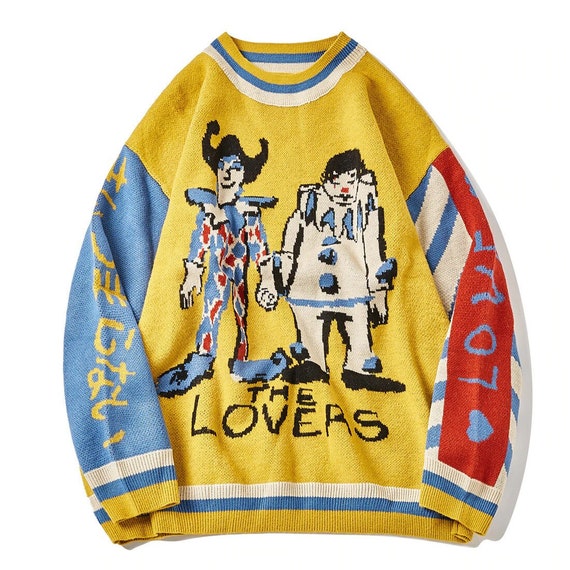 SochicFashion Clown Embroidery Harajuku Sweater, Retro Style Knitted Unique Lovers Cartoon Print Autumn Cotton Pullover Patchwork Retro Rave Sweatshirt