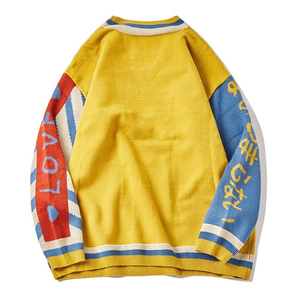 SochicFashion Clown Embroidery Harajuku Sweater, Retro Style Knitted Unique Lovers Cartoon Print Autumn Cotton Pullover Patchwork Retro Rave Sweatshirt