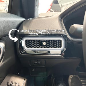 2023+ Honda CR-V MagSafe phone mount installed on dashboard honeycomb vent for 6th generation CR-V models 2023 2024 2025 2026. Custom vent phone holder with ultra strong MagSafe magnet for secure hands-free driving. Honda CRV phone mount compatible with iPhone 12 13 14 15 16 and Android using MagSafe ring. Adjustable CR-V dashboard phone holder for driver and passenger use, no tools or adhesive required.