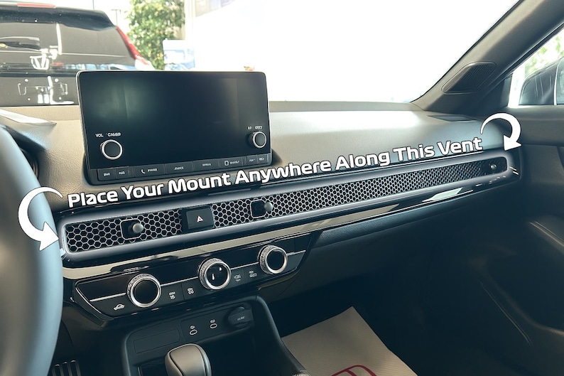 2023+ Honda CR-V MagSafe phone mount installed on dashboard honeycomb vent for 6th generation CR-V models 2023 2024 2025 2026. Custom vent phone holder with ultra strong MagSafe magnet for secure hands-free driving. Honda CRV phone mount compatible with iPhone 12 13 14 15 16 and Android using MagSafe ring. Adjustable CR-V dashboard phone holder for driver and passenger use, no tools or adhesive required.