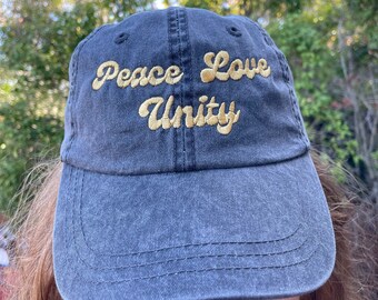 Peace Love Unity on gray hat one size fits most Handmade