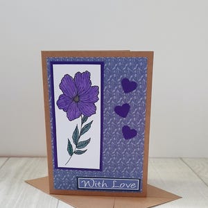 Verjaardagskaart paarse bloem, handgemaakte bloemenkaart, kaart voor moeder, wenskaart voor haar, bloemenkaart voor verjaardag, handgetekende wenskaart.