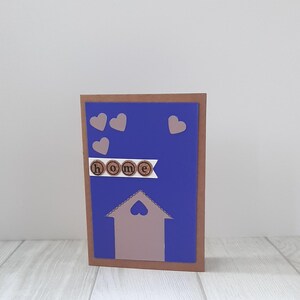 Nieuwe huiskaart, kaart voor nieuw huis, housewarmingkaart, paarse verhuiskaart, verhuiskaart, handgemaakte kaart, kaart voor stel, felicitatiekaart.