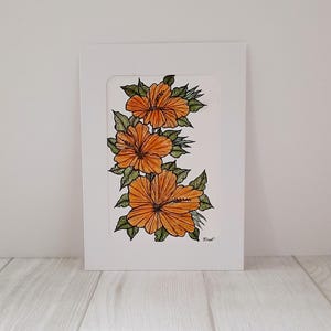 Arte de acuarela de hibisco pintado a mano: Floral naranja y verde