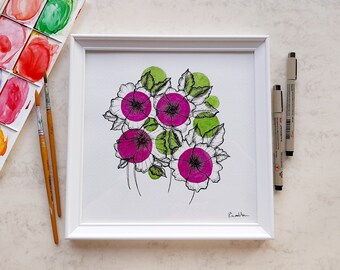 Floral artwork for mum, Fineline floral Art, Minimalist flowers, Fineline flower painting, Floral art in purple & green, Wall art for mum.