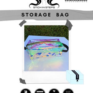 May include: Iridescent storage bag with a gold zipper, black handle, and the text "STORAGE BAG". The image includes the text "STICH IN STEPS" and icons for digital download, one size, and beginner-friendly.