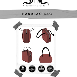 Puede incluir: Un patrón de bolso descargable digitalmente con cuatro diseños de bolsos en color granate. La imagen incluye el texto "STICH IN STEPS" y "HANDBAG BAG". El patrón es apto para principiantes e incluye tutoriales paso a paso con imágenes.