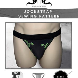 May include: Black jockstrap sewing pattern with green dragon print. The pattern includes sizes XS-2XL. The image also includes the text "JOCKSTRAP SEWING PATTERN" and "STICH IN STEPS".