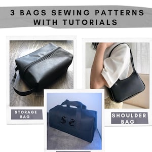 May include: Image features three bag sewing patterns with tutorials. Includes a black storage bag, a black shoulder bag, and a small black duffle bag. The text "3 BAGS SEWING PATTERNS WITH TUTORIALS" is displayed. The image also includes the text "STICH IN STEPS".
