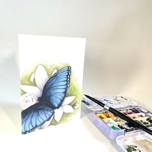 Cartão em branco de borboleta azul aquarela única - Dia das Mães - Aniversário - Flor de borboleta - Cartão de felicitações - Cartão de presente