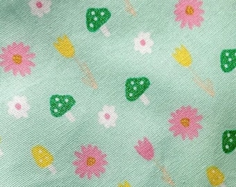 100% Cotton Mint Green Floral Glitter Toadstools Fabric by the metre