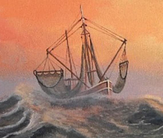 Acrylic Painting Realistic Print Sea Ship Sunset Dramatic Waves