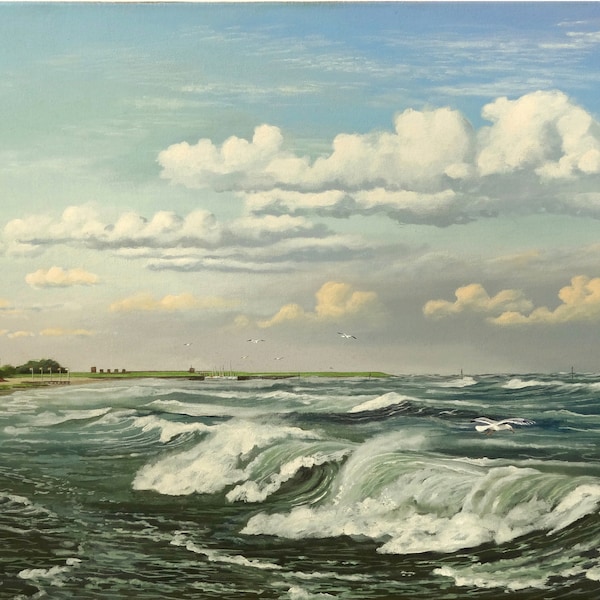 Acryl Gemälde Druck Meer Nordsee Dangast realistisch Brandung Wellen hoch Wolken Himmel Kurhaus Möwen Schiff Werner Buß