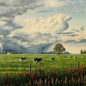 Acrylic Painting as Photo Hard Foam Alu-Dibond - Cows Thunderstorm Realistic Animals Meadow Landscape - 10x15 20x30 30x45 40x60 50x75