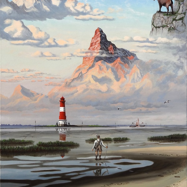 Acryl Gemälde Druck Berg Leuchtturm Wattenmeer Steinbock surrealistisch Traum Fantasie Bergsteiger Wolken Strand Wasser Werner Buß