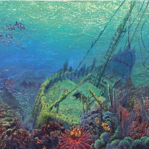 Acrylic painting realistic print structure sea wreck ship underwater world fish coral foam curse Werner Buß
