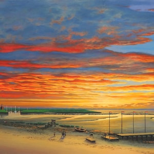 Peinture acrylique comme photo mousse dure Alu-Dibond - coucher de soleil rouge ardent Port de Dangast Mer du Nord - 10x15 20x30 30x45 40x60 50x75 Werner Buss
