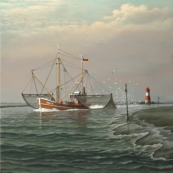 Acryl Gemälde realistisch Druck Meer Nordsee Schiff Kutter Dangast Watt Möwen Werner Buß