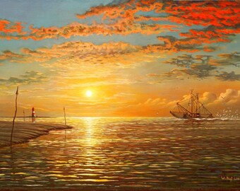 Acrylic Painting Realistic Print Sunset Dramatic Red North Sea
