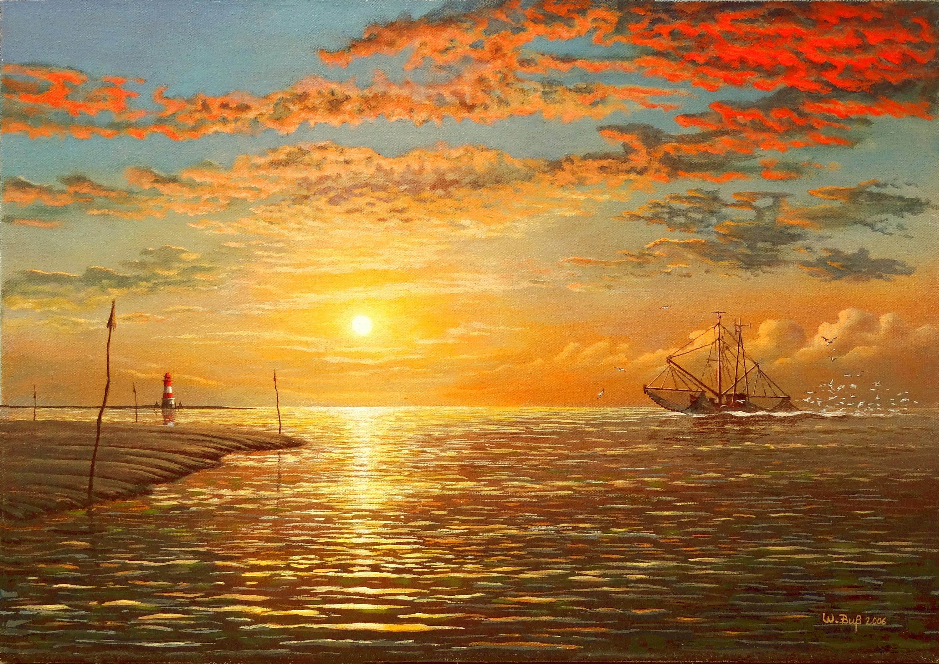 アートペイント 海 Acrylic Painting Realistic Print Sunset Dramatic Red North Sea