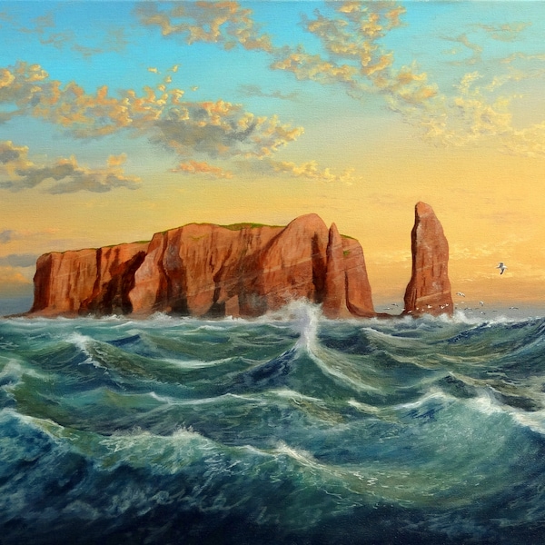 Acrylic painting as photo hard foam Alu-Dibond - Heligoland with waves romantic sunset - 10x15 20x30 30x45 40x60 50x75 Werner Buss