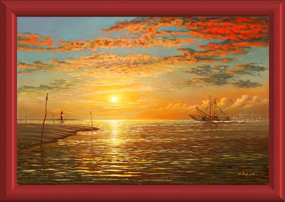 Acrylic Painting Realistic Print Sunset Dramatic Red North Sea
