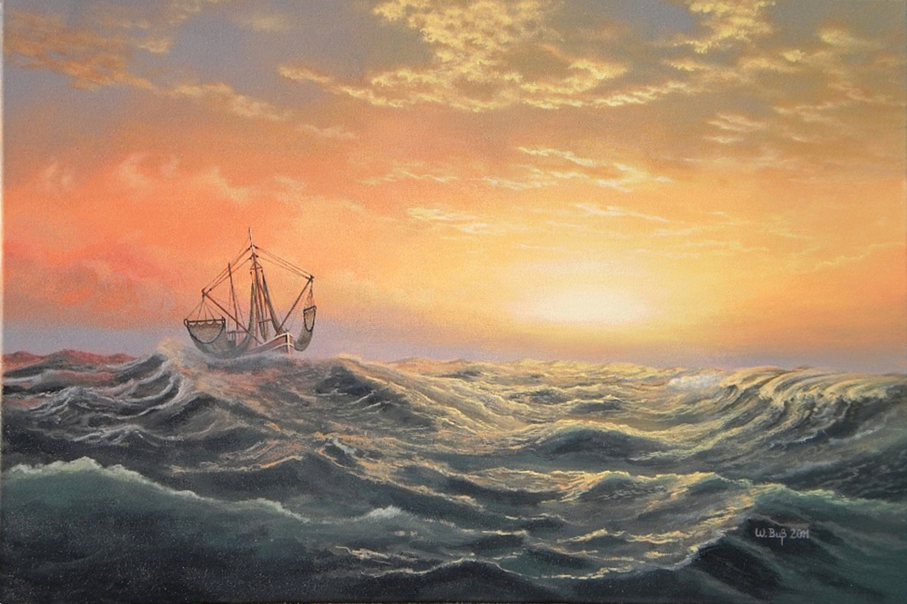 Acrylic Painting Realistic Print Sea Ship Sunset Dramatic Waves