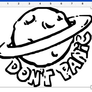 Könnte beinhalten: Schwarz-weiß-Illustration eines Planeten mit einem Ring darum. Der Planet hat ein Gesicht mit geschlossenen Augen und einem Mund. Der Text "DON'T PANIC" ist um den Planeten herum geschrieben.