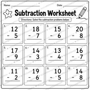 May include: A black and white subtraction worksheet featuring a title, a star icon, a pencil icon, and twelve numbered maths problems. The page includes blank lines for a name and date, with instructions to solve the subtraction problems below.