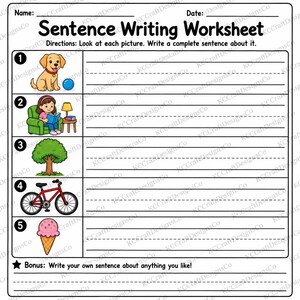 May include: A white sentence writing worksheet with the title Sentence Writing Worksheet and directions to look at each picture and write a complete sentence. It features five numbered rows with illustrations of a dog, a person reading, a tree, a bicycle, and an ice cream cone, plus a bonus section.