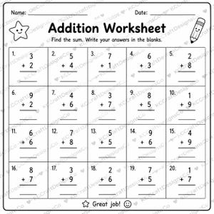 Pode incluir: Uma folha de exercícios de adição em preto e branco com vinte problemas matemáticos dispostos em uma grade. A página inclui campos para nome e data, um ícone de estrela, um ícone de lápis e o texto Addition Worksheet, Find the sum. Write your answers in the blanks e Great job!