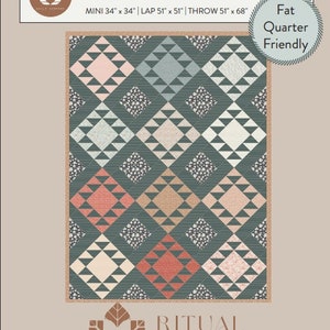 May include: A quilt pattern called "Mountain Dweller" by Ritual Quilt Company. The pattern is fat quarter friendly and includes instructions for making a mini, lap, or throw size quilt. The quilt features a geometric design with triangles in shades of pink, peach, brown, and teal.