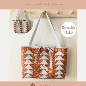 Peut inclure: Un patron de sac cabas r&eacute;versible, appel&eacute; "Gosling Tote", de Ritual Quilt Company. Le cabas mesure 43 cm x 56 cm et pr&eacute;sente un motif de patchwork dans des tons de brun et de blanc.