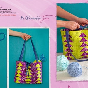 Peut inclure: Un sac cabas r&eacute;versible avec un motif g&eacute;om&eacute;trique jaune et violet. Le sac a une bandouli&egrave;re en jean et est pr&eacute;sent&eacute; avec du fil et des ciseaux.