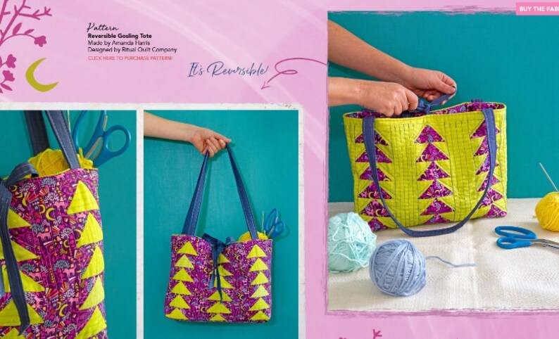 Peut inclure: Un sac cabas r&eacute;versible avec un motif g&eacute;om&eacute;trique jaune et violet. Le sac a une bandouli&egrave;re en jean et est pr&eacute;sent&eacute; avec du fil et des ciseaux.