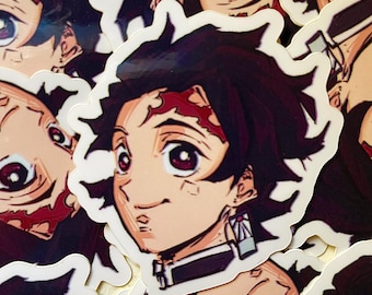 May include: A collection of anime-style stickers featuring a character with dark burgundy hair, red eyes, and a scar on their forehead. The stickers have a white border and are arranged in a close-up, overlapping pattern.
