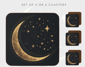 Moon coaster set Moon crescent table decor Celestial golden moon and stars  Dreamy Mystical Home Decor Hardboard back Coaster