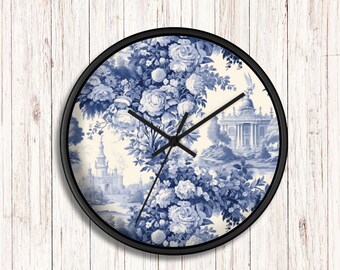 Shade of Blue White Jouy Wall Clock French Inspiration Versailles Clock Jouy Decor Chic Wall Clock Floral Jouy Old Fashion Clock Timeless